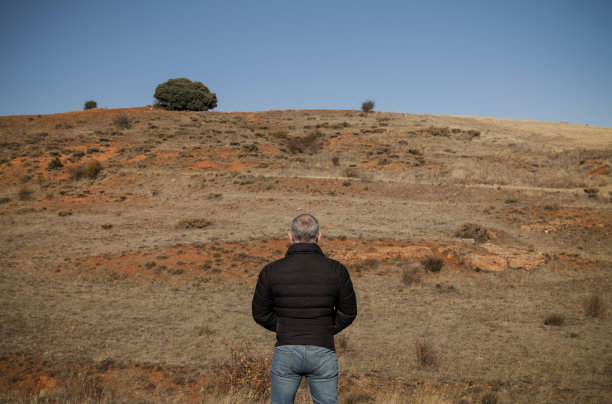 身着冬衣的成年男子在蓝天下的田野上的肖像。拍摄于西班牙的卡斯蒂利亚里昂图片下载
