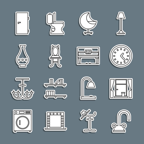 设置线水龙头，窗帘窗户，时钟，扶手椅，椅子，花瓶，关门和大钢琴图标。向量图片下载