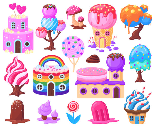 卡通幻想糖果乐园景观元素的游戏。糖果焦糖，童话般的糖果房子，棒棒糖，糖果树矢量插图集。幻想甜蜜世界对象图片下载