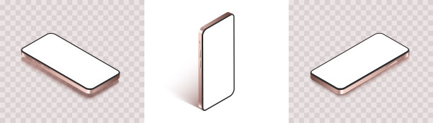 等距电话模型在不同的角度隔离在白色和透明的背景。空屏幕移动设备用于应用程序设计展示。现实的黄金智能手机瘦框架，新型号。图片下载