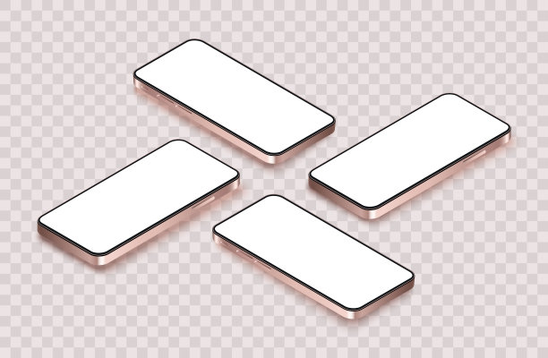 等距手机模型与空白屏幕。现实的移动概念设置在平面风格的展示应用程序和网页设计展示。金色智能手机模拟与阴影隔离透明背景。图片下载