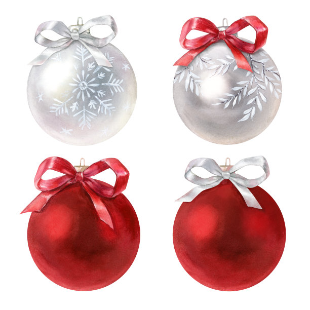 圣诞树装饰，红色和银色的球，新年装饰，水彩画插图图片下载