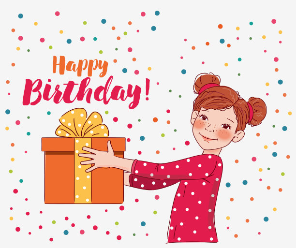 可爱的女孩带着礼物。生日快乐矢量插图图片下载