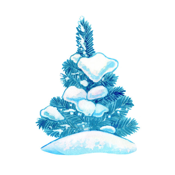 圣诞树节日新年圣诞节云杉蓝色可爱插图水彩图片下载