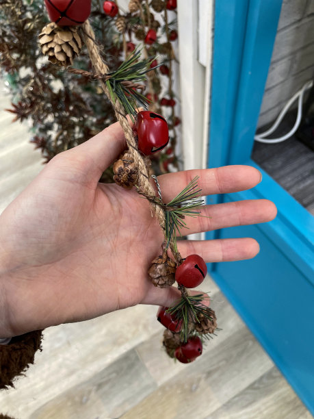 照片的前景是一个不认识的人举起圣诞装饰的花环，红色的雪橇铃、迷你松果和绿色云杉针的粗绳图片下载