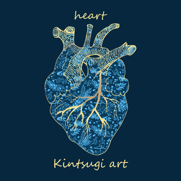 瓷心饰蓝植物纹样，饰金贝壳纹样，具有kintsugi艺术风格。现代升级环保潮流。好的设计时尚t恤，织物，剪贴簿，贴纸向量图片下载