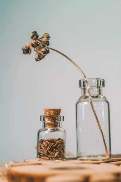 装有软木塞和孜然种子的玻璃瓶。有选择性的重点图片下载