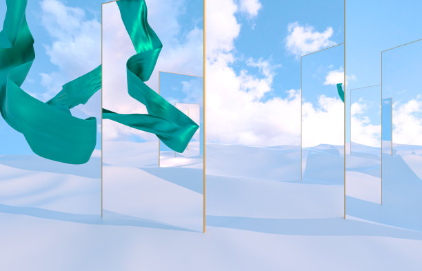 抽象的冬季圣诞场景与镜子和浮布。超现实主义的背景。图片下载