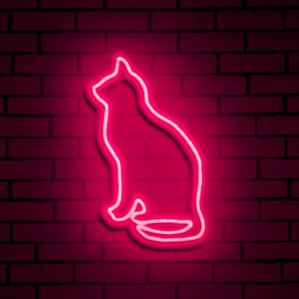 霓虹灯。红色霓虹灯猫在砖墙上。3 d渲染。图片下载