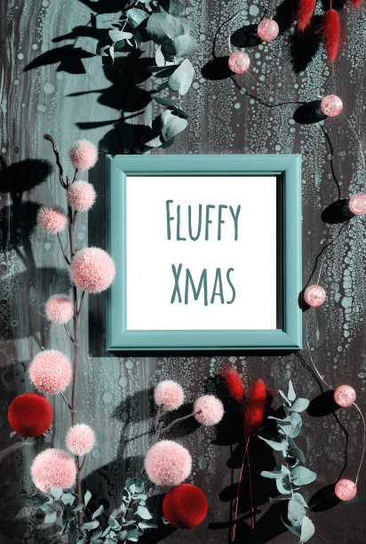 文本的圣诞节。绿色的桉树树枝，粉红色和暗红色的绒毛球，兔子尾巴草。柔和的圣诞装饰在黑暗的背景。阳光与阴影图片下载