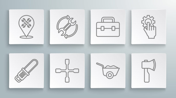 设置线链锯，扳手和箭头作为工作流程，轮扳手，手推车，木斧，工具箱，设置手和位置与图标。向量图片下载