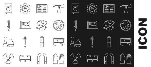 套线橡胶手套，电子测量仪器，细菌，打开书，钟摆，气象温度计，书和行星图标。向量图片下载