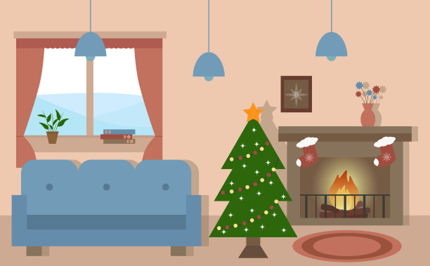 一个有窗户、沙发、壁炉、圣诞树的房间。圣诞节的时间。装饰房间，迎接新年。舒适和温暖。图片下载