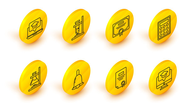 设置线监视器与毕业帽，证书模板，铃声，玻璃试管烧瓶火，计算器，和毕业屏幕笔记本电脑图标。向量图片下载