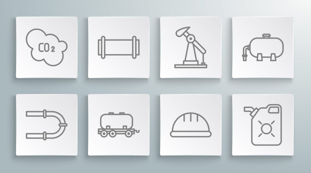 集工业管道、油轨水箱、工人安全帽、电机用油罐、泵泵千斤顶、工业厂房及二氧化碳排放云图标。向量图片下载