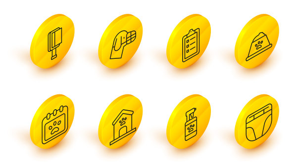 为狗设置线尿布，宠物洗发水，狗房子和爪子印，日历修饰，食物碗，修饰沙龙价格清单，嘴和毛刷猫图标。向量图片下载