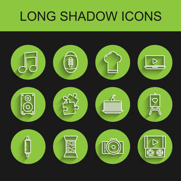 集线擀面杖，缝纫线在线轴上，音乐笔记，音调，照片相机，便携式视频游戏控制台，一块拼图，木画架艺术板和蛋糕图标。向量图片下载