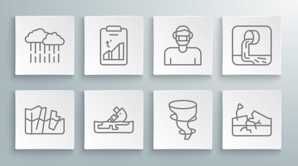 冰川融化、全球变暖、油轮失事、龙卷风、地震、面部防护面具、污水和雨云图标。向量图片下载