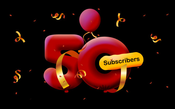 横幅上有50名追随者，以3d红色气球和彩色纸屑的形式感谢你。矢量插图3d数字社交媒体50名粉丝感谢，博客庆祝订户，喜欢图片下载