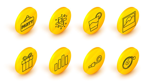 设置线黑胶播放器与磁盘，生日派对号角，音乐均衡器，礼品盒，照片，鸡尾酒，笔记，音调和招牌图标。向量图片下载