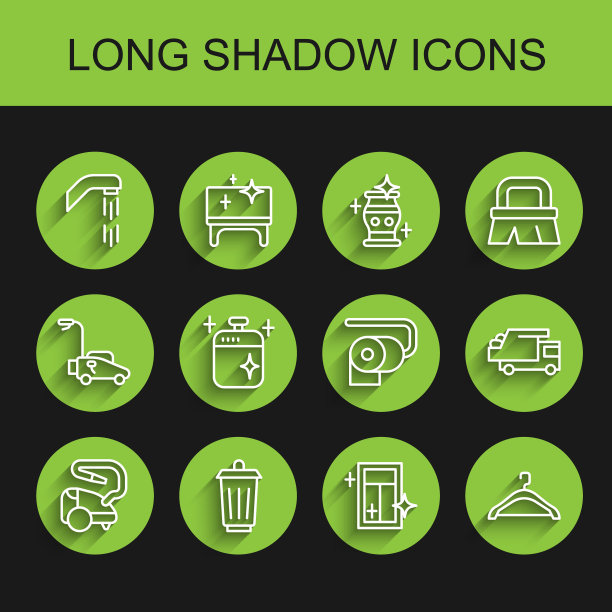 吸尘器，垃圾桶，淋浴喷头，窗户清洁服务，衣架衣柜，烹饪锅，垃圾车和卫生纸卷图标。向量图片下载