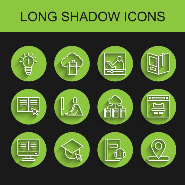 设置在线图书显示器，毕业帽地球仪，灯泡的概念，音频，位置，学生工作笔记本电脑，浏览器窗口和云在线图书馆图标。向量图片下载