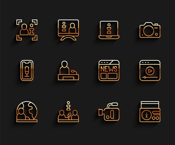 设置线世界新闻，采访，电视报道，电影摄影机，新闻广播频道，直播流和图标。向量图片下载