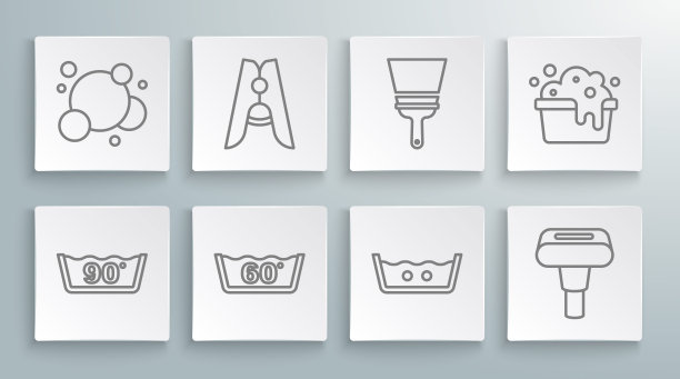 设置线温度洗涤，衣服大头针，服装蒸笼，橡胶清洁剂的窗户，盆与肥皂泡沫和肥皂水泡沫图标。向量图片下载