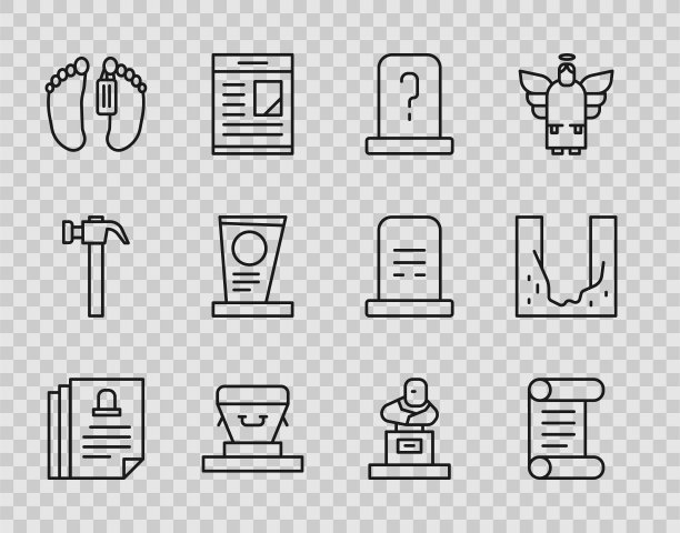 设置一行死亡证书，法令，羊皮纸，卷轴，坟墓与墓碑，棺材，尸体，墓地挖墓穴洞图标。向量图片下载