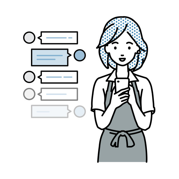 一位穿着咖啡围裙的女士站在那里，看着手里的智能手机，享受着通过社交网络聊天的交流图片下载