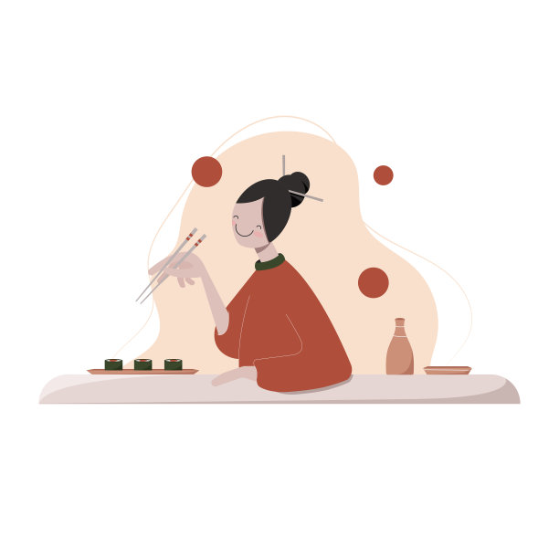 快乐有趣的年轻女人开心地吃着寿司。图片下载