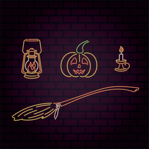 明亮的霓虹灯套装南瓜、扫帚、蜡烛、灯。万圣节黄色、红色的图标集合图片下载