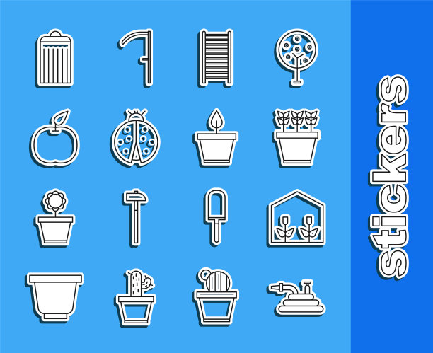 设置线花园软管或消防软管，家庭温室和植物，植物在花盆，木制楼梯，瓢虫，苹果，垃圾桶和图标。向量图片下载