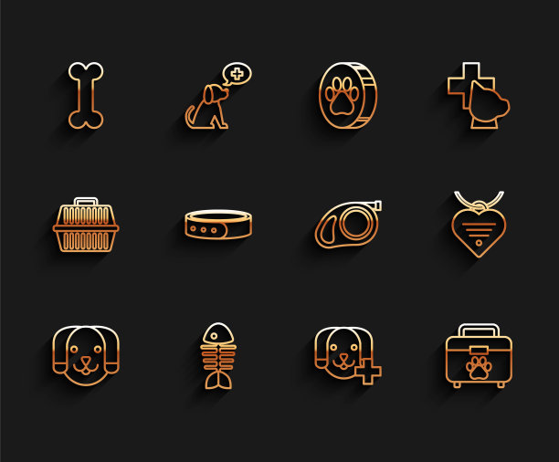 设置线狗，鱼骨骼，骨头，兽医诊所的标志，宠物急救箱，项圈与姓名标签，和心脏和可伸缩绳链锁图标。向量图片下载