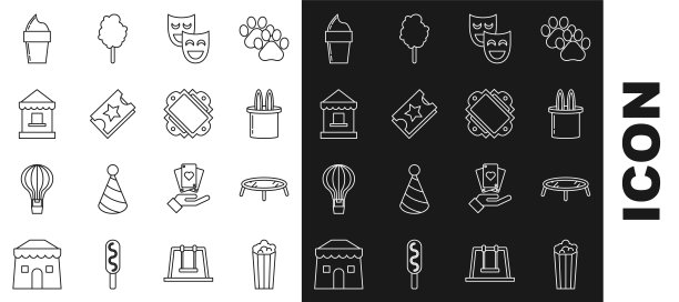 集线爆米花纸箱，蹦床，魔术师的帽子和兔子耳朵，喜剧戏剧面具，票，办公室，冰淇淋华夫筒和图标。向量图片下载