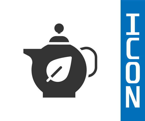 灰色茶壶与叶子图标孤立在白色背景。向量图片下载