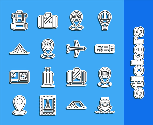 Set line船，地图指针与罗马竞技场，意大利，乘船旅行的游轮票，埃及金字塔，山，游客帐篷，徒步旅行背包和飞机图标。向量图片下载