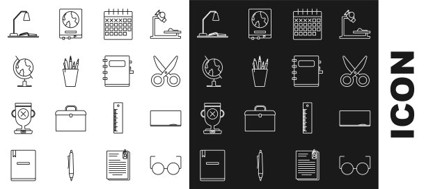 设置线眼镜，黑板，剪刀，日历，文具盒文具，地球地球仪，工作场所与台灯和打开的书和笔记本图标。向量图片下载