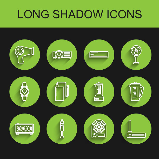 设置线路数字闹钟，搅拌机，电吹风，电加热器，路由器和wi-fi信号，充电线不同的移动电源，量杯和图标。向量图片下载