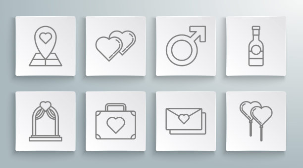 婚庆拱门，两颗相连的心，旅行行李箱，信封情人节，气球形式的丝带，男性性别符号，香槟瓶和地图指针图标。向量图片下载