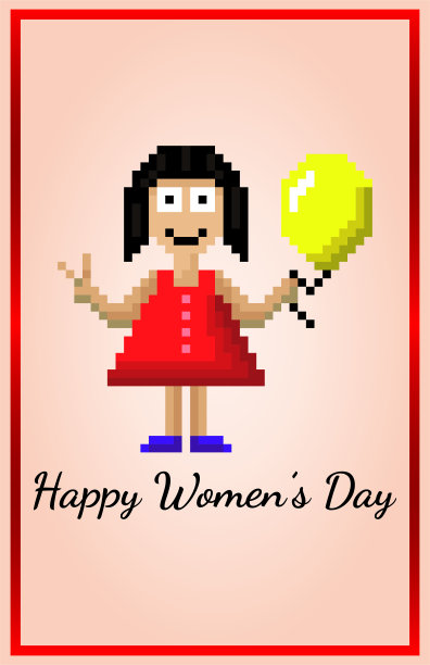 一个穿着裙子的女孩手里拿着一个气球，展示维多利亚的标志。妇女节快乐。矢量图像像素。设计的明信片。图片下载