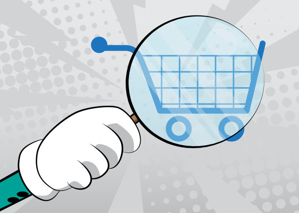 电子商务图标，放大镜下的购物符号图片下载