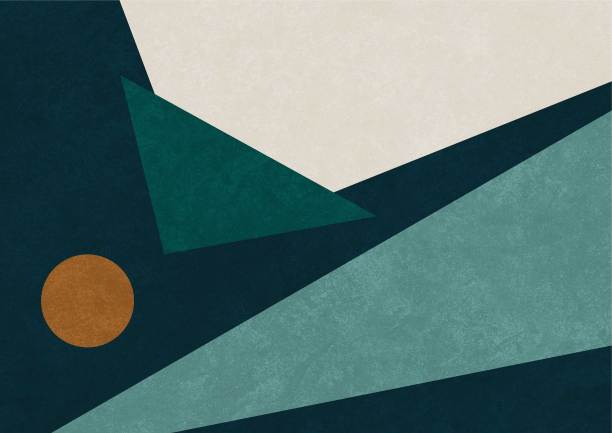 三角形和圆形的几何艺术。包豪斯、立体主义和斯堪的纳维亚风格的深色现代艺术作品。可打印说明。图片下载