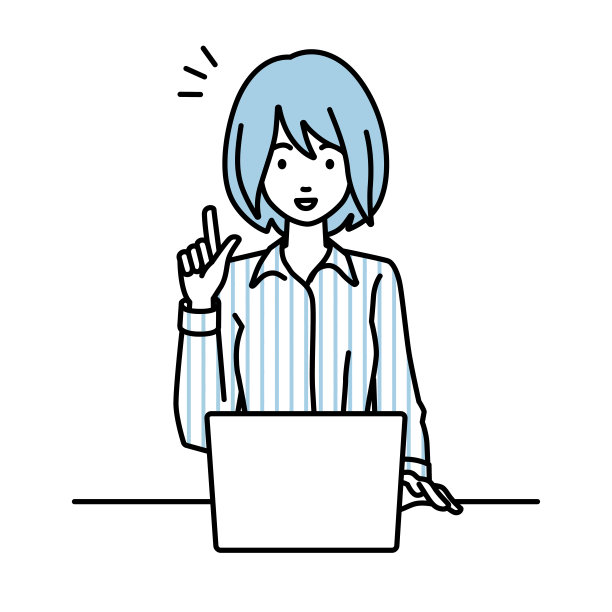 一个穿着衬衫的女人用手提电脑在她的桌子上用手指手势来获得想法图片下载