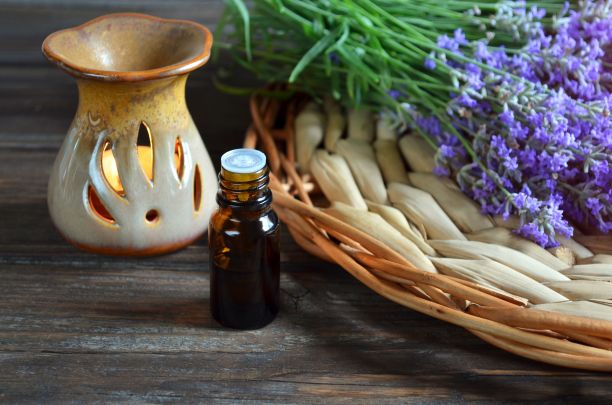 新鲜的薰衣草花，配香精油瓶和香油灯。图片下载