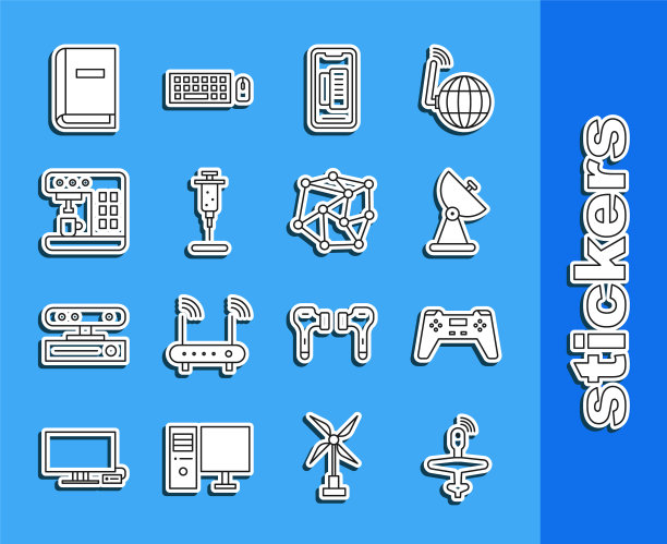 设置线无人机无人机，手柄，雷达，智能手机，手机，注射器，咖啡机，用户手册和神经网络图标。向量图片下载