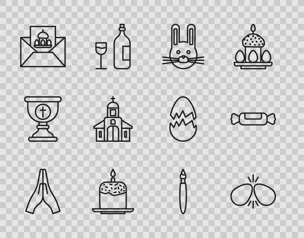 手在祈祷的位置，复活节彩蛋，兔子，蛋糕蜡烛，快乐贺卡，教堂建筑，油漆刷和糖果图标。向量图片下载