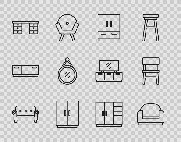 设置线沙发，扶手椅，衣柜，办公室书桌，镜子，椅子图标。向量图片下载