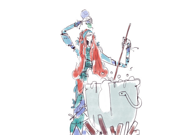 讽刺的老红发德鲁伊在魔法坩埚里制造药水。德鲁伊在角色扮演游戏，RPG水彩素描，卡通和strip。艺术的绘画才华横溢。图形的文章图片下载