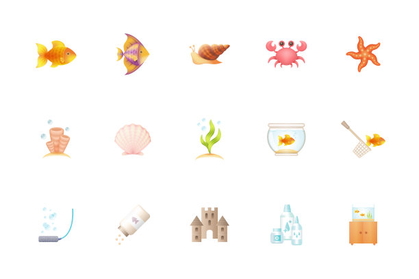 水族馆设备彩色网页图标设置。向量梯度宠物商店象形图收集。包装在线商店的标志，鱼护理，可爱的蜗牛，藻类，珊瑚，海星，螃蟹和贝壳图片下载